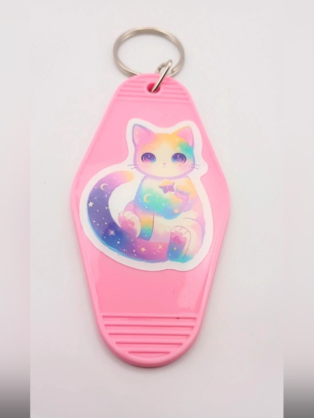 Pink Rainbow Galaxy Cat Motel Keychain